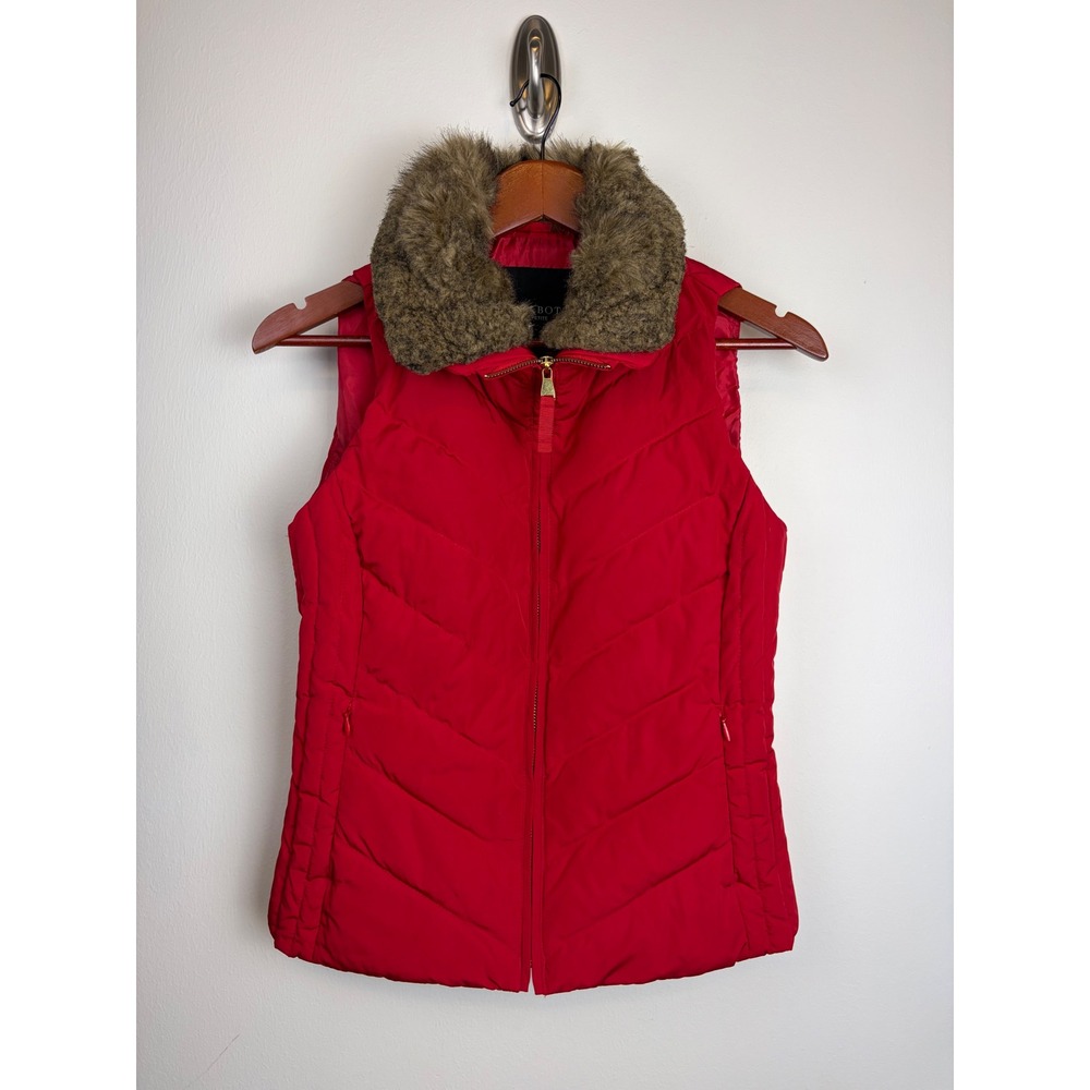 NEW Talbots Puffer Vest Petite XSmall Red Down Quilted Removable Faux Fur Collar